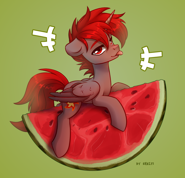 Size: 2080x2000 | Tagged: safe, artist:shelti, derpibooru import, oc, oc:hardy, alicorn, pony, :p, folded wings, food, full body, high res, image, looking at you, male, png, solo, stallion, tongue out, watermelon, wings