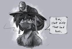 Size: 1248x855 | Tagged: safe, artist:reddthebat, derpibooru import, oc, oc:number nine, unofficial characters only, earth pony, pony, bust, cigarette, dialogue, female, floppy ears, gray background, grayscale, helmet, image, jpeg, mare, mining helmet, monochrome, simple background, smoking, solo, speech bubble, talking to viewer