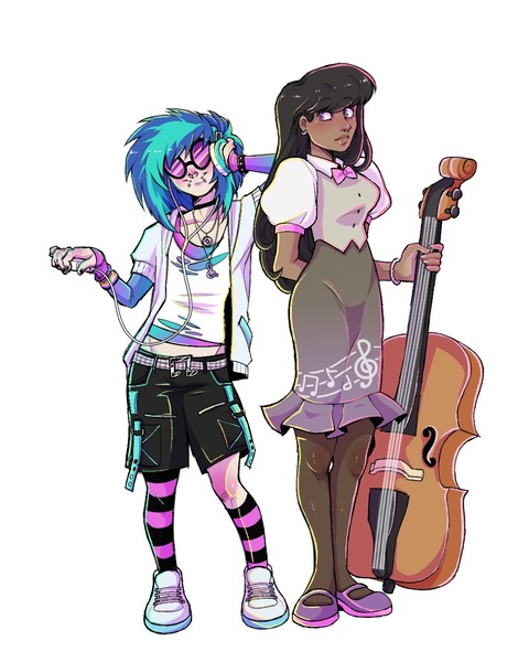 Size: 1080x1350 | Tagged: safe, artist:iridescentglow, derpibooru import, octavia melody, vinyl scratch, human, g4, blushing, bowtie, bracelet, cello, choking, clothes, converse, cute, dark skin, demigirl, demigirl pride flag, duo, duo female, ear piercing, earring, female, headphones, humanized, image, ipod, jacket, jewelry, jpeg, lesbian, lip piercing, mary janes, musical instrument, nail polish, necktie, nonbinary, nonbinary pride flag, nose piercing, nose ring, piercing, pride, pride flag, scratchtavia, shipping, shoes, short, shorts, simple background, skirt, snake bites, socks, stockings, striped socks, tavibetes, thigh highs, vest, vinylbetes, white background