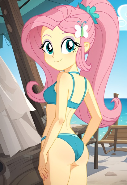 Size: 1664x2432 | Tagged: suggestive, ai content, derpibooru import, machine learning generated, prompter:tophatskyman, stable diffusion, fluttershy, human, equestria girls, g4, alternate hairstyle, ass, beach, bikini, bikini bottom, bikini top, breasts, butt, clothes, female, flutterbutt, generator:pony diffusion v6 xl, image, jpeg, looking at you, looking back, looking back at you, petite, ponytail, rear view, small breasts, smiling, smiling at you, solo, swimsuit