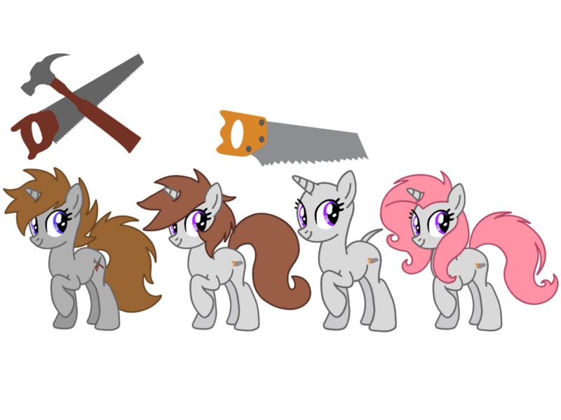 Size: 1032x774 | Tagged: safe, artist:meghan12345, derpibooru import, ponified, pony, unicorn, g4, battle for dream island, cutie mark, female, group, horn, image, mare, no mane, png, raised hoof, saw (battle for dream island), simple background, smiling, transparent background