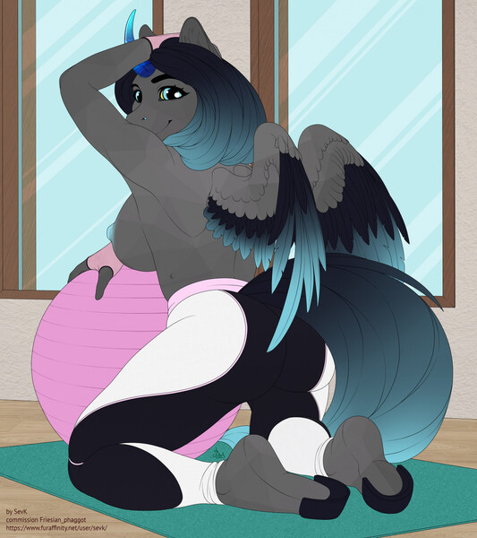 Size: 1138x1280 | Tagged: questionable, alternate version, artist:sevk, derpibooru import, oc, unofficial characters only, alicorn, anthro, unguligrade anthro, alicorn oc, armpits, ass, breasts, butt, clothes, commission, erect nipples, exercise ball, female, horn, image, jpeg, looking at you, looking back, looking back at you, nipple outline, nipples, nudity, pants, partial nudity, sideboob, solo, solo female, topless, underhoof, wings, yoga pants