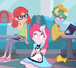 Size: 1833x1637 | Tagged: safe, composite screencap, derpibooru import, edit, edited screencap, screencap, alizarin bubblegum, celery stalk, pinkie pie, human, coinky-dink world, eqg summertime shorts, equestria girls, g4, book, clothes, diner, flower, glasses, image, my little pony equestria girls: summertime shorts, png, server pinkie pie, sweet snacks cafe, uniform, waitress