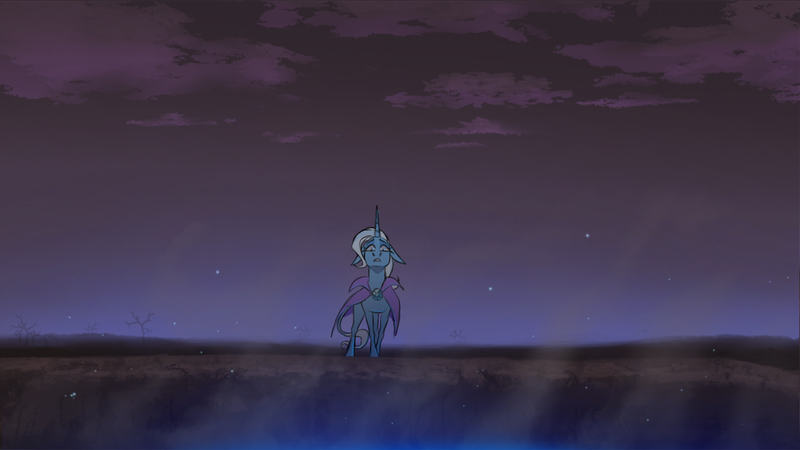 Size: 1280x720 | Tagged: safe, artist:witherslayer73, derpibooru import, trixie, pony, unicorn, alternate universe, cloud, female, floppy ears, horn, image, infinite eclipse, mare, png, scared, solo, wasteland