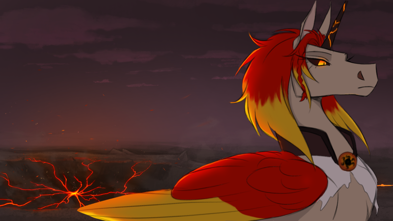 Size: 1280x720 | Tagged: safe, artist:witherslayer73, derpibooru import, oc, oc:ayzat, unofficial characters only, alicorn, pony, alicorn oc, alternate universe, cloud, glow, glowing eyes, horn, image, infinite eclipse, lava, png, solo, wasteland, wings