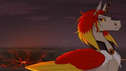 Size: 1280x720 | Tagged: safe, artist:witherslayer73, derpibooru import, oc, oc:ayzat, unofficial characters only, alicorn, pony, alicorn oc, alternate universe, cloud, glow, glowing eyes, horn, image, infinite eclipse, lava, png, solo, wasteland, wings