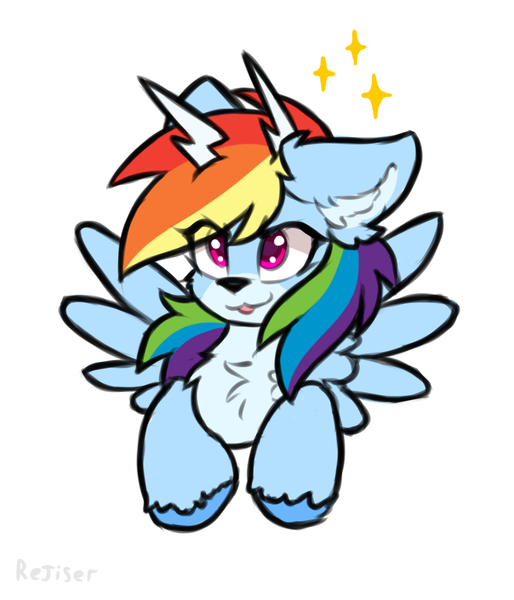 Size: 900x1050 | Tagged: safe, artist:rejiser, derpibooru import, rainbow dash, deer, deer pony, hybrid, original species, peryton, pony, g4, :3, :p, antlers, chest fluff, cute, deerified, ear fluff, female, hooves, image, looking at you, png, simple background, smiling, smiling at you, solo, species swap, spread wings, tongue out, white background, wings