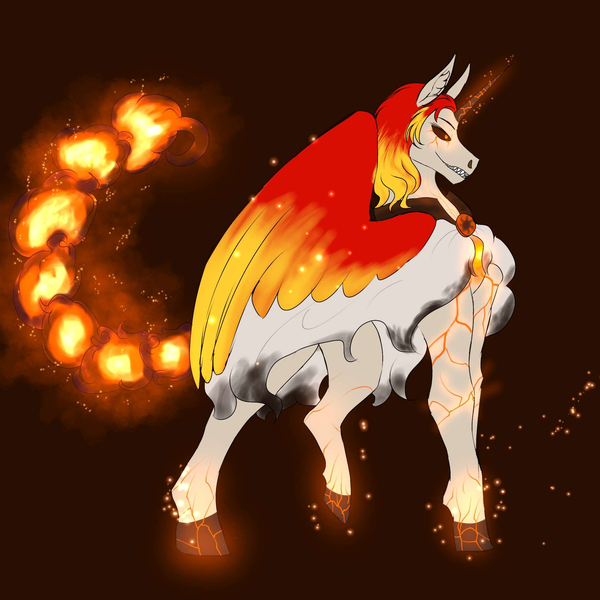 Size: 2048x2048 | Tagged: safe, artist:vani_vanilla, derpibooru import, oc, oc:ayzat, unofficial characters only, alicorn, pony, species:molten, alicorn oc, corrupted, discord source, embers, fangs, female, fire, glow, glowing eyes, glowing horn, horn, image, infinite eclipse, lava, mane of fire, mare, png, solo, wings