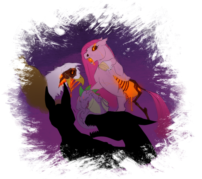 Size: 2493x2210 | Tagged: grimdark, artist:witherslayer73, derpibooru import, gilda, pinkie pie, spike, dragon, earth pony, gryphon, pony, species:molten, undead, zombie, alternate universe, glow, glowing eyes, image, imminent death, infinite eclipse, lava, png, reanimation, ribcage, ribs, scared, this will not end well