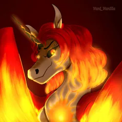 Size: 1280x1280 | Tagged: safe, artist:vani_vanilla, derpibooru import, oc, oc:ayzat, unofficial characters only, alicorn, pony, species:molten, alicorn oc, alternate universe, corrupted, discord source, female, fiery wings, glow, glowing eyes, horn, image, infinite eclipse, mare, png, solo, wings