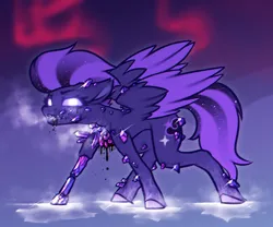 Size: 1200x1000 | Tagged: semi-grimdark, artist:shad0w-galaxy, derpibooru import, oc, oc:shadow galaxy, unofficial characters only, pegasus, pony, species:crystallized, undead, zombie, aurora borealis, body horror, corrupted, crystal, ethereal mane, female, glow, glowing eyes, ice, image, infected, infinite eclipse, mare, missing limb, png, reanimation, solo, starry mane, starry tail, tail