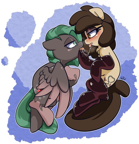 Size: 1972x2040 | Tagged: suggestive, artist:lou, oc, oc:louvely, pony, blushing, clothes, drool, drool string, female, image, jpeg, latex, latex socks, looking at each other, male, mare, socks, stallion, submissive