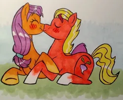 Size: 1280x1040 | Tagged: safe, artist:hyperradar, derpibooru import, sprout cloverleaf, sunny starscout, earth pony, pony, g5, cute, duo, duo male and female, eyes closed, female, image, jpeg, kissing, love, male, mare, romance, romantic, ship:sunnyclover, shipping, stallion, straight