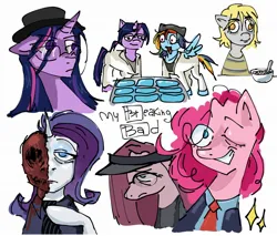 Size: 1920x1637 | Tagged: grimdark, artist:sanya000, derpibooru import, derpy hooves, pinkie pie, rainbow dash, rarity, twilight sparkle, twilight sparkle (alicorn), alicorn, earth pony, pegasus, unicorn, alternate hairstyle, beanie, body horror, bowl, breakfast, breaking bad, burned, cereal, charred, clothes, crossover, crystal meth, drugs, fedora, flesh, food, glasses, grin, gus fring, hat, horn, image, jesse pinkman, jpeg, lab coat, meth, necktie, one eye closed, pinkamena diane pie, sad, saul goodman, shirt, simple background, skull, smiling, spoon, suit, walter white, walter white jr, white background, wink