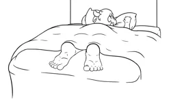 Size: 1000x631 | Tagged: safe, artist:parallel black, derpibooru import, oc, oc:jc, anthro, earth pony, plantigrade anthro, barefoot, bed, earth pony oc, eyes closed, feet, fetish, foot fetish, foot focus, image, monochrome, png, sleeping, solo