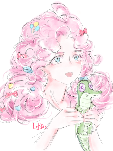 Size: 2598x3464 | Tagged: safe, artist:xinjinjumin596465364119, derpibooru import, gummy, pinkie pie, alligator, human, bust, holding, humanized, image, open mouth, png, portrait, simple background, white background