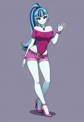 Size: 960x1392 | Tagged: safe, ai content, derpibooru import, machine learning generated, prompter:lobo299, sonata dusk, equestria girls, g4, bare shoulders, clothes, female, gem, high heels, image, jpeg, shoes, siren gem, solo