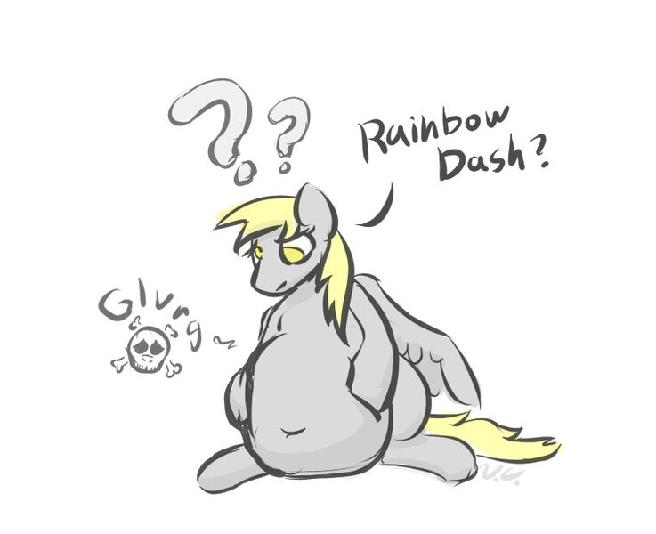 Size: 760x619 | Tagged: suggestive, artist:voraciouscutie, derpibooru import, derpy hooves, rainbow dash, pegasus, pony, g4, accidental digestion, belly, belly button, big belly, chubby, death, derpypred, digestion, female, fetish, image, jpeg, mare pred, mare prey, post-vore, preydash, vore, weight gain