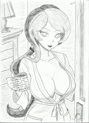 Size: 2550x3507 | Tagged: suggestive, artist:naughty_ranko, derpibooru import, princess luna, human, gamer luna, equestria girls, g4, absolute cleavage, bathrobe, breasts, busty princess luna, cleavage, clothes, coffee mug, female, high res, image, jpeg, monochrome, mug, pinup, robe, solo, solo female, traditional art, vice principal luna