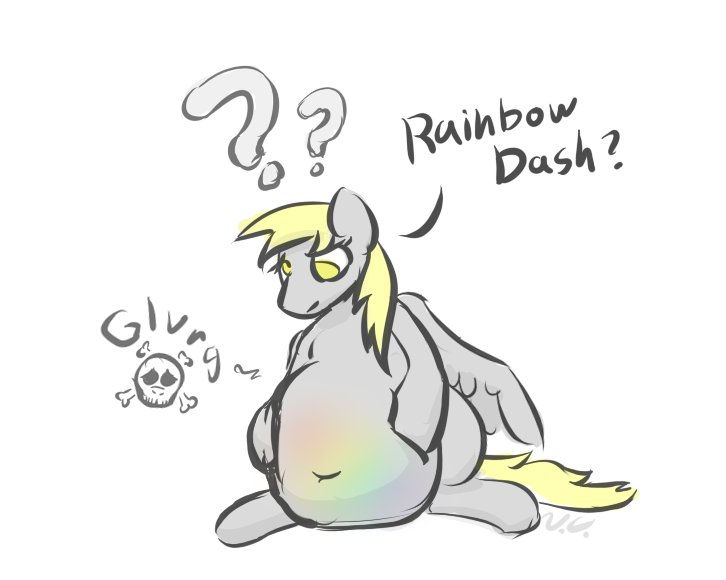 Size: 726x580 | Tagged: suggestive, alternate version, artist:voraciouscutie, derpibooru import, derpy hooves, rainbow dash, pegasus, pony, g4, accidental digestion, belly, belly button, big belly, chubby, clothes, death, derpypred, digestion, female, fetish, image, jpeg, mare pred, mare prey, post-vore, preydash, see-through, translucent belly, transparent belly, transparent flesh, vore, weight gain