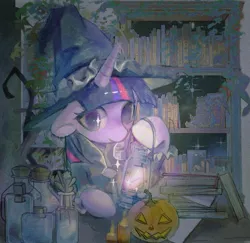 Size: 1265x1228 | Tagged: safe, artist:zuile82475, derpibooru import, twilight sparkle, pony, unicorn, book, bottle, clothes, costume, female, halloween, holiday, horn, image, jack-o-lantern, jar, jpeg, lantern, mare, pumpkin, star swirl the bearded costume