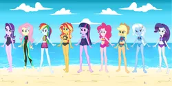 Size: 5000x2496 | Tagged: safe, artist:3d4d, derpibooru import, applejack, fluttershy, pinkie pie, rainbow dash, rarity, starlight glimmer, sunset shimmer, trixie, twilight sparkle, human, equestria girls, g4, beach, clothes, female, humane nine, image, ocean, png, summer, swimsuit, water