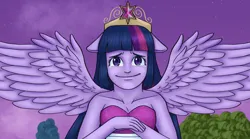 Size: 2388x1332 | Tagged: safe, artist:theedgyduck, derpibooru import, twilight sparkle, human, equestria girls, g4, bare shoulders, big crown thingy, crown, element of magic, fall formal outfits, female, floppy ears, image, jewelry, my little pony equestria girls, png, ponied up, pony ears, regalia, scene interpretation, sleeveless, solo, spread wings, twilight ball dress, wings