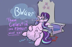 Size: 1615x1052 | Tagged: suggestive, artist:voraciouscutie, derpibooru import, starlight glimmer, trixie, pony, unicorn, all bottled up, g4, belly, big belly, bone belly, burp, death, digestion, drool, female, fetish, horn, huge belly, image, impossibly large belly, png, predlight glimmer, squishy, stomach noise, tongue out, trixie prey, vore, vorelight glimmer