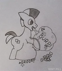 Size: 3066x3487 | Tagged: suggestive, artist:mint pill, derpibooru import, oc, oc:metal dice, unofficial characters only, earth pony, pony, belly, bone, digestion, image, jpeg, male, photo, solo, stallion, traditional art, vore