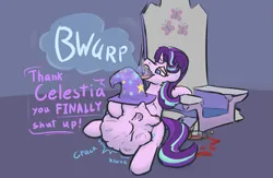 Size: 1615x1052 | Tagged: suggestive, artist:voraciouscutie, derpibooru import, starlight glimmer, trixie, pony, unicorn, all bottled up, g4, belly, big belly, bone belly, burp, clothes, death, digestion, drool, female, fetish, hat, horn, huge belly, image, impossibly large belly, png, predlight glimmer, squishy, stomach noise, tongue out, trixie prey, trixie's hat, vore, vorelight glimmer