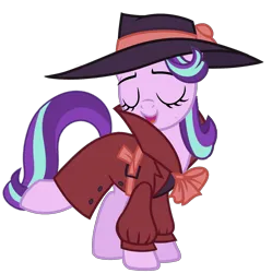 Size: 1920x1929 | Tagged: safe, artist:starlightglimmer04, derpibooru import, starlight glimmer, pony, unicorn, g4, rarity investigates, clothes, detective, eyes closed, fabulous, fedora, female, hat, horn, image, mare, png, simple background, solo, transparent background, trenchcoat, vector