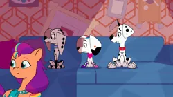 Size: 1280x720 | Tagged: safe, derpibooru import, edit, edited screencap, screencap, sunny starscout, dalmatian, dog, pony, g5, 101 dalmatian street, 101 dalmatians, crossover, image, jpeg, looking back, worried