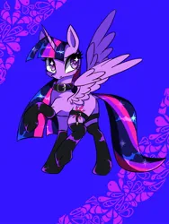 Size: 1200x1600 | Tagged: safe, artist:stacy_165cut, derpibooru import, twilight sparkle, twilight sparkle (alicorn), alicorn, pony, g4, abstract background, bangs, big eyes, black collar, black socks, blush lines, blushing, clothes, collar, dock, eyelashes, female, flustered, frown, garters, horn, image, jpeg, latex, latex collar, latex socks, long horn, long mane, long socks, long tail, looking up, mare, purple coat, purple eyes, raised hoof, raised leg, shiny mane, shiny tail, socks, solo, sparkly eyes, sparkly mane, sparkly tail, standing on two hooves, straight mane, straight tail, tail, three toned mane, three toned tail, unicorn horn, wingding eyes