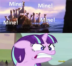 Size: 1280x1161 | Tagged: safe, derpibooru import, edit, edited screencap, screencap, starlight glimmer, bird, pony, seagull, unicorn, g4, the cutie map, finding nemo, horn, image, jpeg, mine!, quiet, wrong aspect ratio