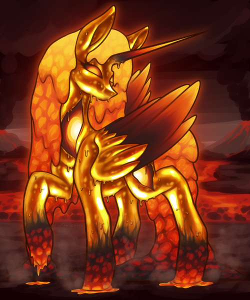 Size: 2000x2400 | Tagged: safe, artist:shad0w-galaxy, derpibooru import, daybreaker, oc, oc:aqasha, alicorn, pony, species:molten, alicorn oc, alternate universe, cloud, corrupted, female, glow, glowing eyes, goddess, gold, gold body, high res, horn, image, infinite eclipse, lava, magma, mare, melting, png, smoke, solo, volcano, wings