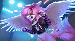 Size: 4400x2400 | Tagged: safe, artist:mithriss, derpibooru import, oc, oc:alina, unofficial characters only, anthro, fox, fox pony, hybrid, pegasus, barely pony related, chest fluff, choker, claws, clothes, colored paw pads, ear tufts, evil, fangs, female, fingerless gloves, gloves, image, long ears, mittens, open mouth, paw pads, paws, pink hair, png, shirt, solo, spread wings, t-shirt, tongue out, whiskers, wings