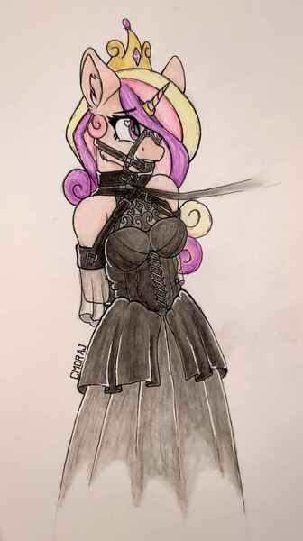 Size: 1860x3317 | Tagged: questionable, artist:cmdraj, derpibooru import, princess cadance, alicorn, anthro, g4, arm behind back, armbinder, ballgag, bondage, bridle, clothes, collar, corset, crown, dress, gag, harness, harness ballgag, harness gag, horn, horn ring, image, jewelry, jpeg, leash, regalia, ring, solo, subdance, tack, traditional art