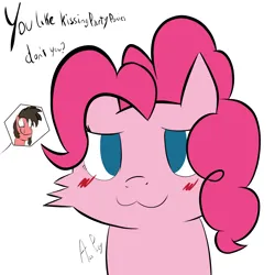 Size: 3000x3000 | Tagged: safe, artist:ace play, derpibooru import, pinkie pie, oc, oc:ace play, earth pony, pony, g4, :3, blank eyes, blood, blush scribble, blushing, boykisser, dialogue, facial hair, female, goatee, high res, image, male, mare, meme, nosebleed, png, ponified meme, simple background, smiling, solo focus, stallion, white background