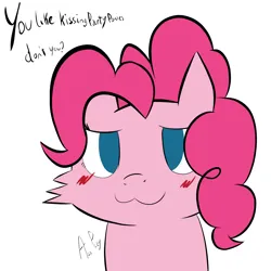 Size: 3000x3000 | Tagged: safe, alternate version, artist:ace play, derpibooru import, pinkie pie, earth pony, pony, g4, :3, blank eyes, blush scribble, blushing, boykisser, dialogue, high res, image, meme, png, ponified meme, simple background, solo, white background