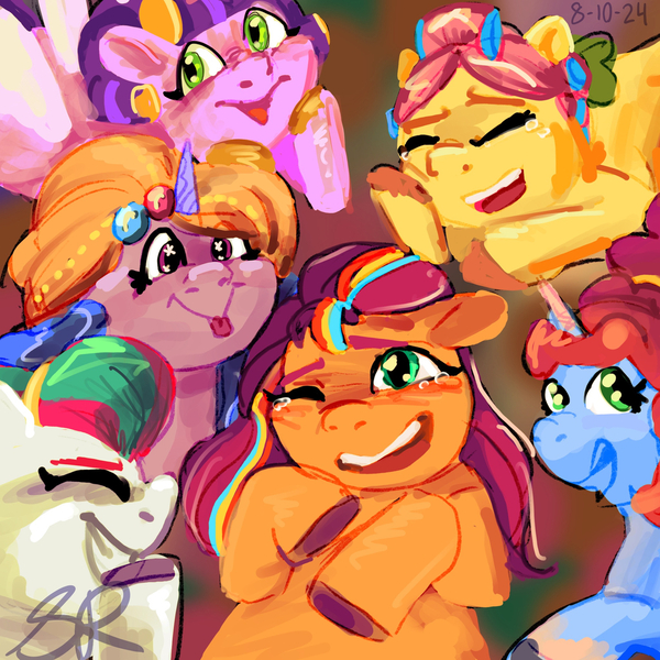 Size: 1280x1280 | Tagged: safe, artist:flurryheart04, derpibooru import, izzy moonbow, pipp petals, posey (g5), sunny starscout, zipp storm, earth pony, pegasus, pony, unicorn, g5, my little pony: tell your tale, spoiler:g5, spoiler:my little pony: tell your tale, spoiler:tyts02e18, female, grin, horn, image, jpeg, laughing, mare, misty brightdawn, one eye closed, open mouth, open smile, rebirth misty, sleepover!!, smiling, teary eyes, tongue out, without a hitch