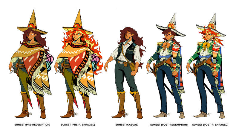 Size: 5938x3272 | Tagged: safe, artist:bixels, derpibooru import, sunset shimmer, human, g4, absurd resolution, bag, belt, boots, bowtie, charro, clothes, cowboy boots, fiery hair, gun, handgun, hat, holster, humanized, image, jpeg, messenger bag, mole, necktie, pants, poncho, revolver, sash, shirt, shoes, simple background, solo, spurs, sword, tan skin, the grand galloping 20s, weapon, white background, witch hat