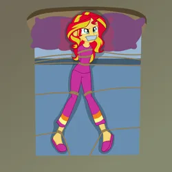 Size: 2500x2500 | Tagged: safe, artist:nie-martw-sie-o-mnie, derpibooru import, part of a set, sunset shimmer, human, equestria girls, g4, bondage, bound and gagged, clothes, female, femsub, gag, image, pajamas, pillow, png, rope, rope bondage, slippers, solo, submissive, subset, tape, tape gag, tied down, tied to bed