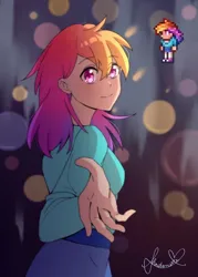 Size: 640x896 | Tagged: safe, artist:shadouette, derpibooru import, rainbow dash, human, barely pony related, female, happy, human coloration, image, jpeg, looking at you, multicolored hair, not rainbow dash, party girl, reference, terraria