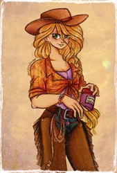 Size: 2136x3159 | Tagged: safe, artist:dariarchangel, derpibooru import, applejack, human, g4, alternate hairstyle, applebetes, applejacked, belt, blonde, blonde hair, bracelet, braid, clothes, cowboy hat, cowgirl, cute, denim, eyebrows, eyebrows visible through hair, female, flannel shirt, freckles, friendship bracelet, green eyes, hat, humanized, image, jackabetes, jeans, jewelry, jpeg, lasso, lidded eyes, long hair, muscles, muscular female, pants, rope, smiling, solo, stetson, strong, traditional art, woman