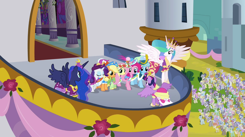 Size: 1280x720 | Tagged: safe, derpibooru import, screencap, applejack, bruce mane, caesar, classy clover, count caesar, dark moon, diamond mint, discord, eclair créme, fluttershy, graceful falls, graphite, jangles, lyrica lilac, masquerade, mint swirl, mr. waddle, north star, orion, pampered pearl, parasol, pinkie pie, ponet, princess celestia, princess luna, rainbow dash, rarity, royal ribbon, sealed scroll, shooting star (character), spring forward, star gazer, twilight sparkle, wilma, alicorn, pony, g4, magical mystery cure, cobalt (g4), image, png, serene waves, shooting star, shooting star (g4), summer nights