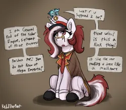 Size: 2370x2061 | Tagged: safe, artist:reddthebat, derpibooru import, oc, oc:alaska (reddthebat), oc:red rocket, earth pony, unicorn, boots, cap, cape, clothes, dialogue, glasses, hat, horn, image, necktie, pants, png, shoes, silly, solar empire, uniform