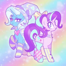 Size: 1750x1750 | Tagged: safe, artist:vivian reed, derpibooru import, starlight glimmer, trixie, pony, unicorn, g4, bow, choker, clothes, duo, duo female, female, food, frosting, gradient background, grin, hair bow, hairclip, horizontal stripes, horn, image, jpeg, mare, narrowed eyes, no pupils, rainbow background, smiling, socks, striped socks, toeless legwear