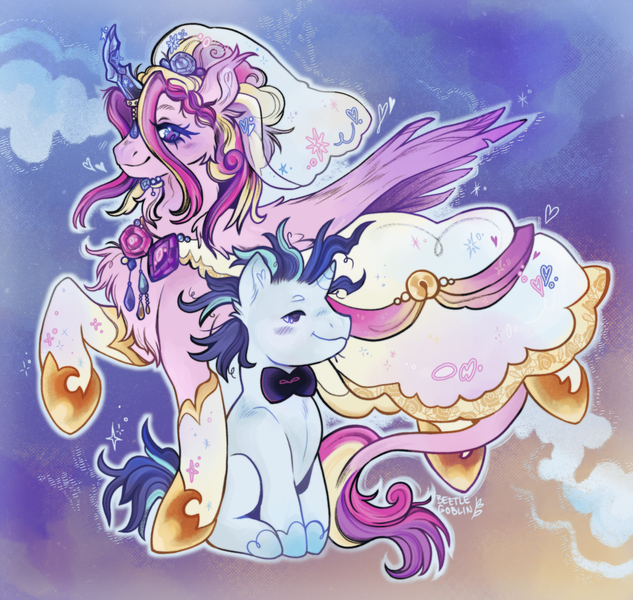 Size: 1280x1213 | Tagged: safe, artist:beetlegoblin, derpibooru import, princess cadance, shining armor, alicorn, pony, unicorn, g4, abstract background, bowtie, chest fluff, clothes, crystal horn, dress, duo, duo male and female, facial hair, female, goatee, hoof shoes, horn, horn jewelry, image, jewelry, larger female, leonine tail, male, mare, meme, necktie, png, ship:shiningcadance, shipping, size difference, smaller male, stallion, straight, tail, the bride and the ugly ass groom, wedding dress