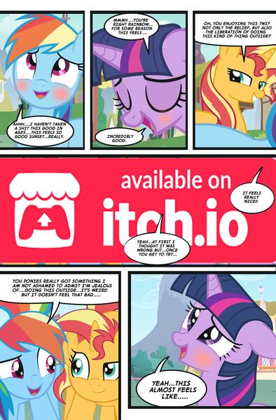 Size: 3000x4568 | Tagged: questionable, artist:succubi samus, derpibooru import, rainbow dash, sci-twi, sunset shimmer, twilight sparkle, ponified, pegasus, pony, unicorn, comic:girls things horse things, equestria girls, g4, advertisement, bdsm, blushing, butt, butt bump, cake, censored, comic, crotchboobs, embarrassed, equestria girls ponified, equestria girls specials, fart, fart cloud, fart noise, female, food, glow, horn, image, imminent scat, implied bisexual, implied lesbian, implied scat, jpeg, litterbox, mare, missing cutie mark, my little pony equestria girls: spring breakdown, nipples, nose wrinkle, nudity, onomatopoeia, open mouth, paywall content, plot, sample, scared, scaredy dash, show accurate, sound effects, sweat, sweatdrop, tail, tongue out, trio, trio female, unicorn sci-twi