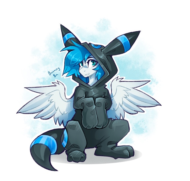 Size: 2479x2366 | Tagged: safe, artist:buvanybu, derpibooru import, oc, unofficial characters only, pegasus, umbreon, clothes, costume, image, jpeg, kigurumi, looking at you, pokémon, simple background, solo, spread wings, white background, wings